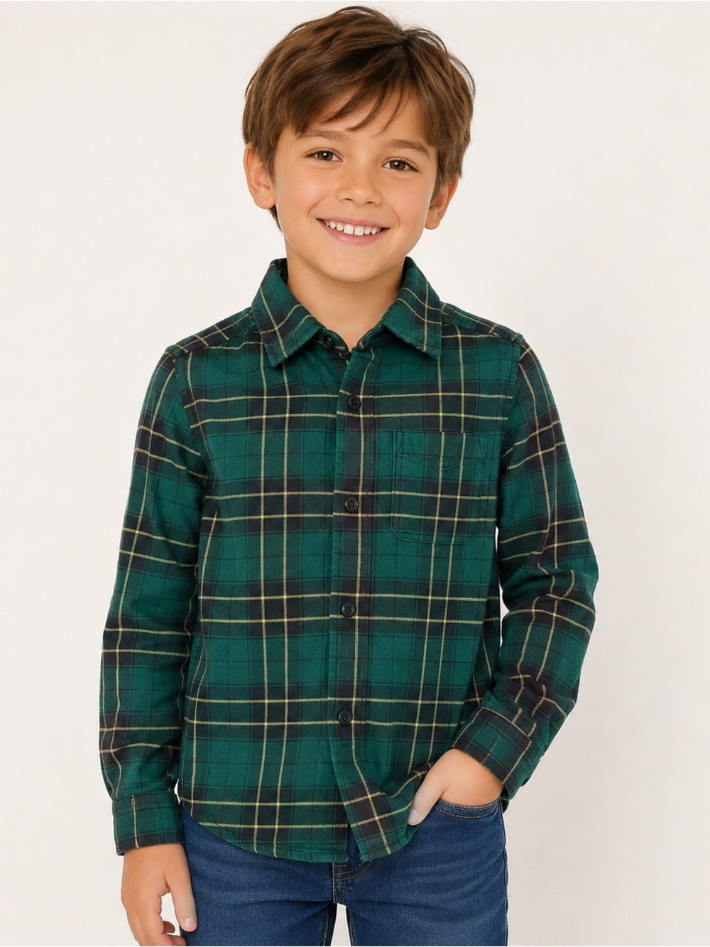The Children's Place Green Plaid Button-Down Shirt for Kids Size 5/6